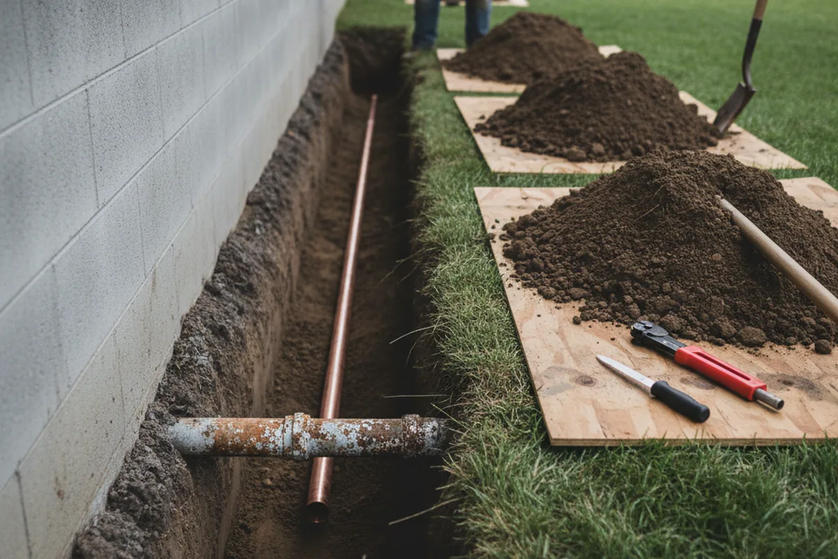 Excavated water line trench during Water Softener Installation in Lynn